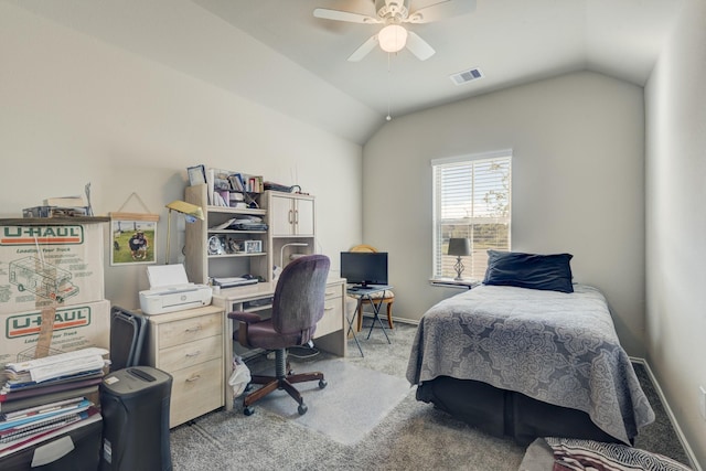 bedroom featuring vaulted ceiling, light colored carpet, visible vents, and baseboards