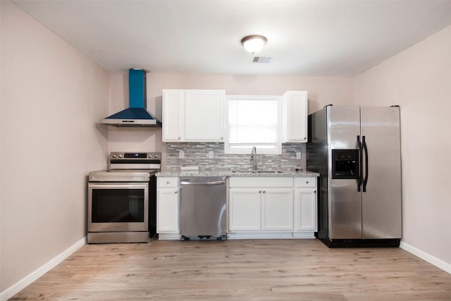 kitchen with a sink, stainless steel appliances, white cabinets, wall chimney range hood, and tasteful backsplash