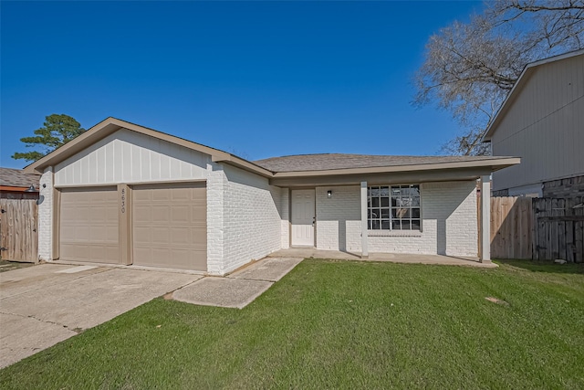 single story home featuring a front yard, fence, concrete driveway, a garage, and brick siding