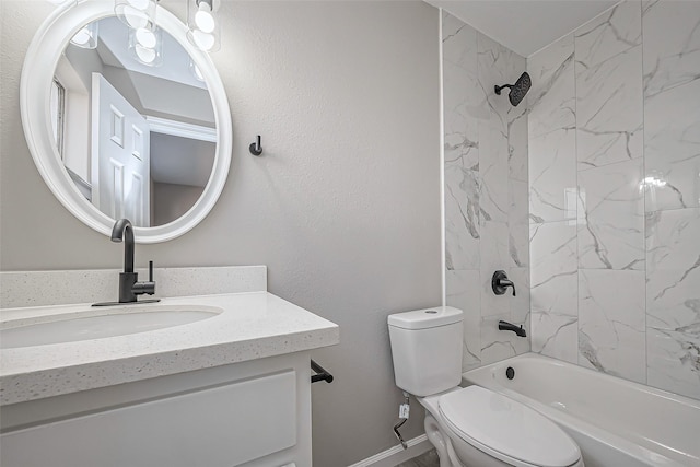 bathroom with baseboards, toilet, bathtub / shower combination, and vanity