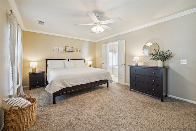 carpeted bedroom with visible vents, ceiling fan, baseboards, and ornamental molding