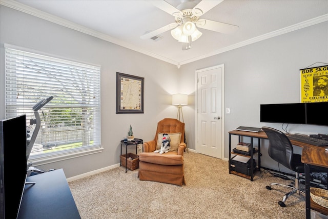 office with visible vents, ornamental molding, carpet, baseboards, and ceiling fan