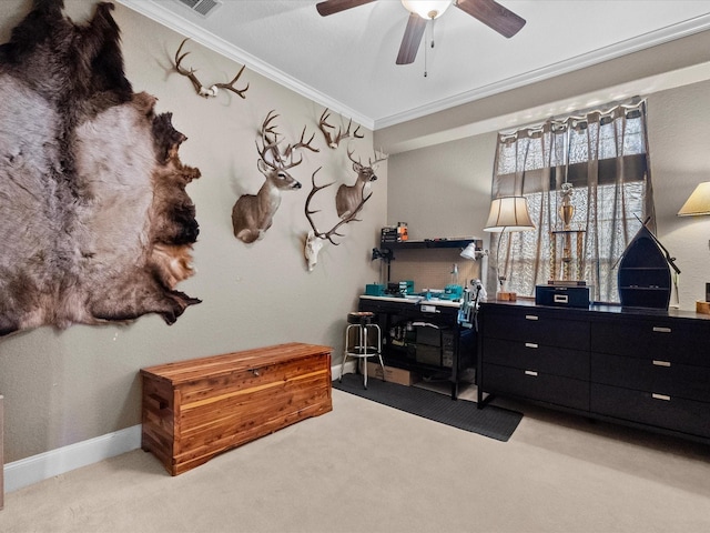 bedroom featuring ceiling fan, light carpet, baseboards, and ornamental molding