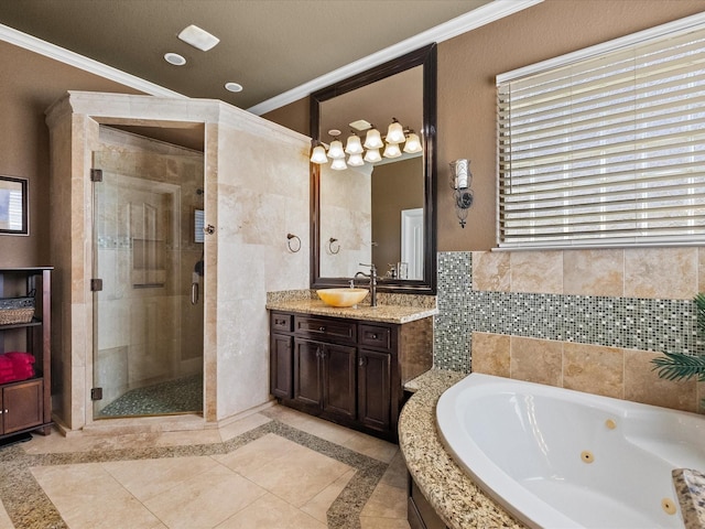 full bathroom with a stall shower, a tub with jets, crown molding, tile patterned flooring, and vanity