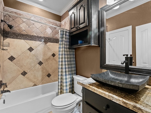 bathroom featuring vanity, shower / bath combination with curtain, toilet, and ornamental molding