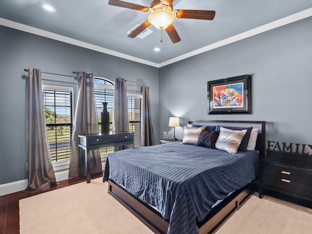 bedroom with crown molding, baseboards, recessed lighting, wood finished floors, and a ceiling fan