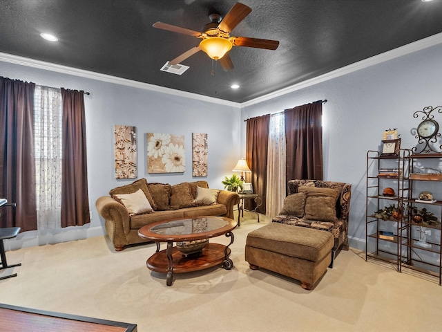 living room with ceiling fan, recessed lighting, ornamental molding, and carpet