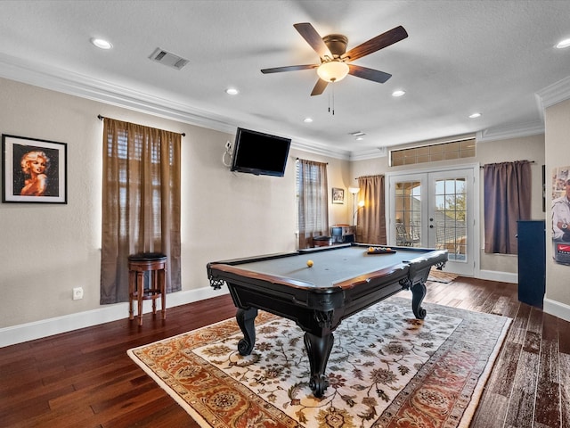 playroom featuring visible vents, crown molding, billiards, and french doors