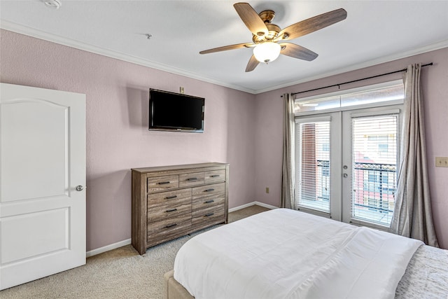 bedroom featuring french doors, ornamental molding, and access to outside