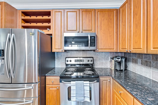 kitchen featuring decorative backsplash, open shelves, brown cabinets, and appliances with stainless steel finishes