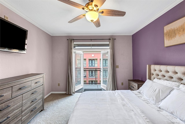 bedroom with a ceiling fan, access to outside, carpet floors, crown molding, and baseboards