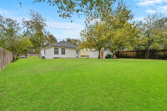 view of yard with an outbuilding and a fenced backyard