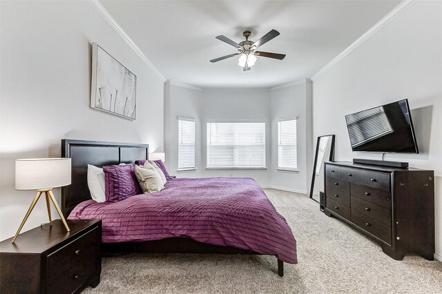 30715 Parkside Passage Dr, Fulshear, TX 77441 - bedroom featuring crown molding, light colored carpet, and ceiling fan