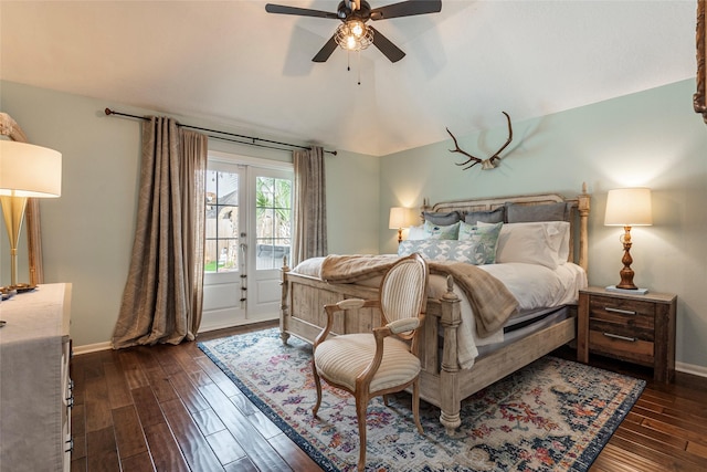 bedroom featuring access to exterior, dark wood-type flooring, baseboards, lofted ceiling, and a ceiling fan