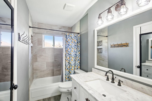 bathroom featuring vanity, toilet, and shower / tub combo with curtain