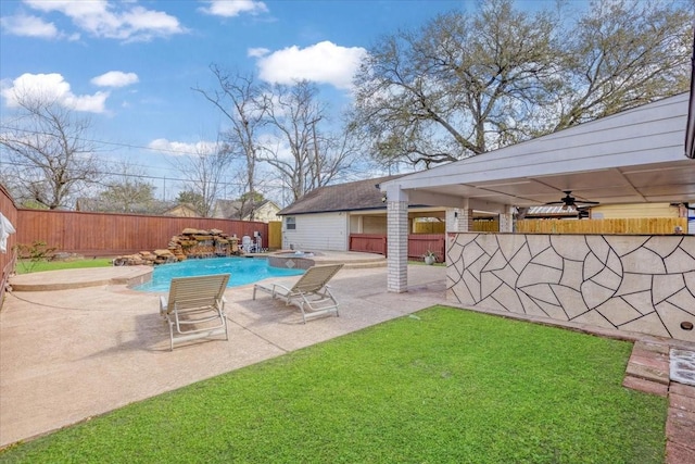 view of swimming pool featuring a fenced in pool, ceiling fan, a yard, a fenced backyard, and a patio