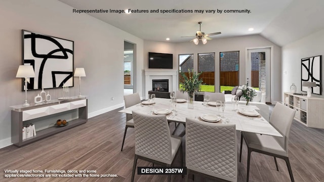 dining area with a glass covered fireplace, recessed lighting, and dark wood-style floors