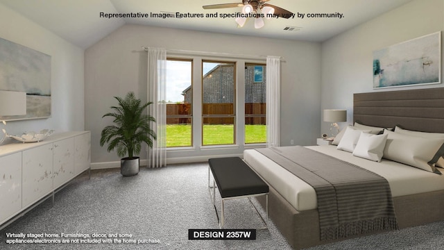 bedroom featuring lofted ceiling, carpet, visible vents, and baseboards