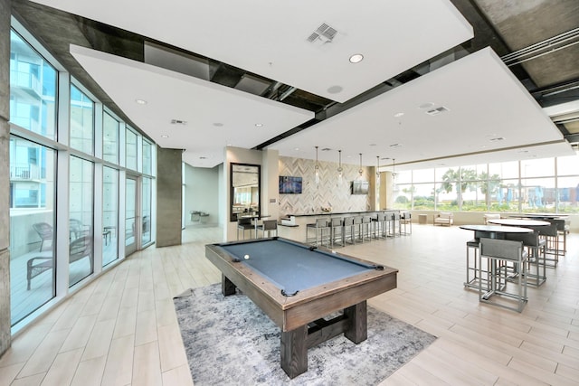 playroom featuring pool table, recessed lighting, visible vents, and expansive windows