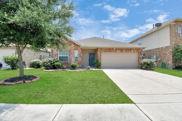 ranch-style home with a front lawn, an attached garage, brick siding, and driveway