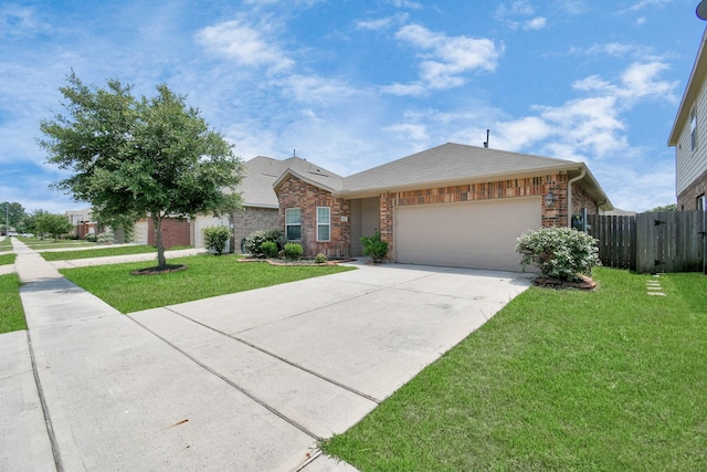 view of front of property with brick siding, an attached garage, and a front lawn