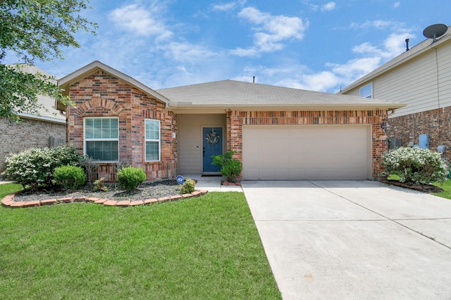 ranch-style house featuring driveway, brick siding, an attached garage, and a front lawn