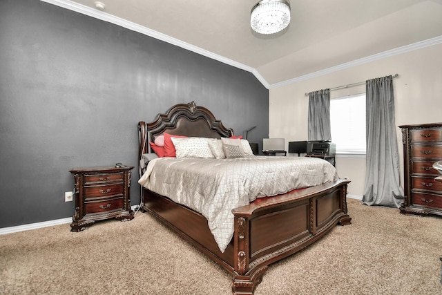 bedroom with light carpet, baseboards, crown molding, and lofted ceiling