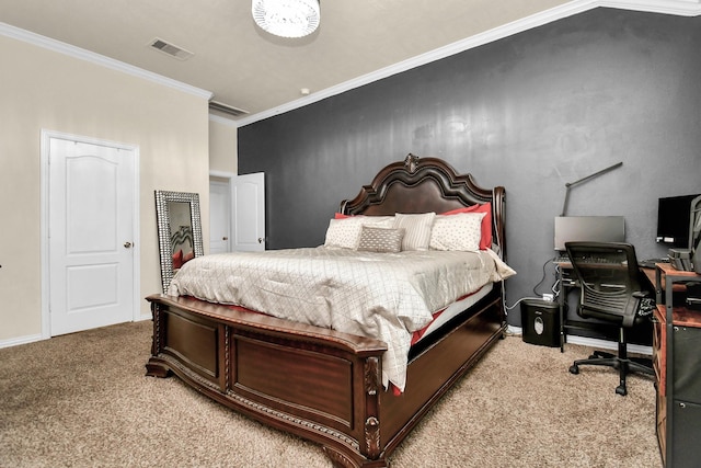 bedroom featuring visible vents, carpet flooring, baseboards, and ornamental molding