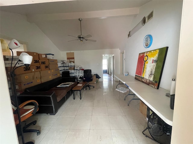 office with visible vents, high vaulted ceiling, a ceiling fan, and tile patterned flooring