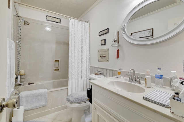 full bath with crown molding, toilet, shower / tub combo, tile patterned floors, and vanity