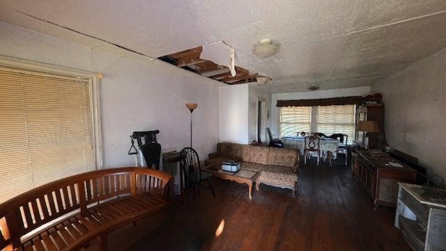 living room with a textured ceiling and wood finished floors