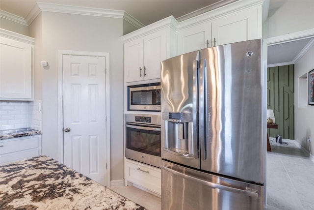 10711 Hidden Lake Ln, Richmond, TX 77406 - kitchen featuring appliances with stainless steel finishes, crown molding, stone countertops, white cabinetry, and tasteful backsplash