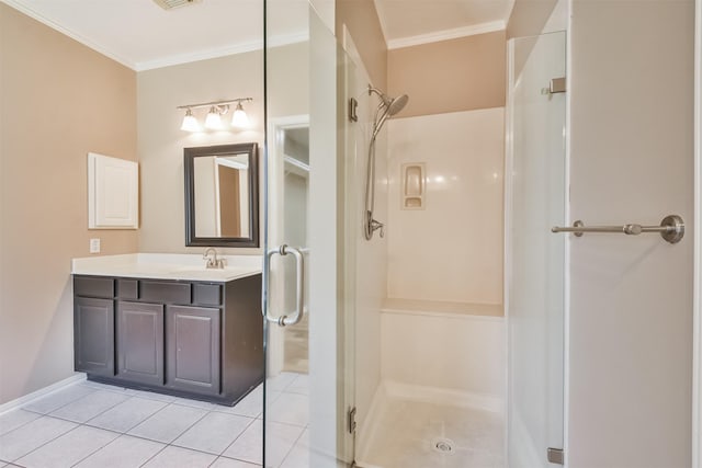 full bathroom with tile patterned floors, ornamental molding, and a shower stall