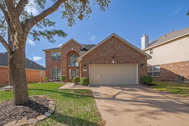 traditional home featuring a front lawn, brick siding, concrete driveway, and an attached garage