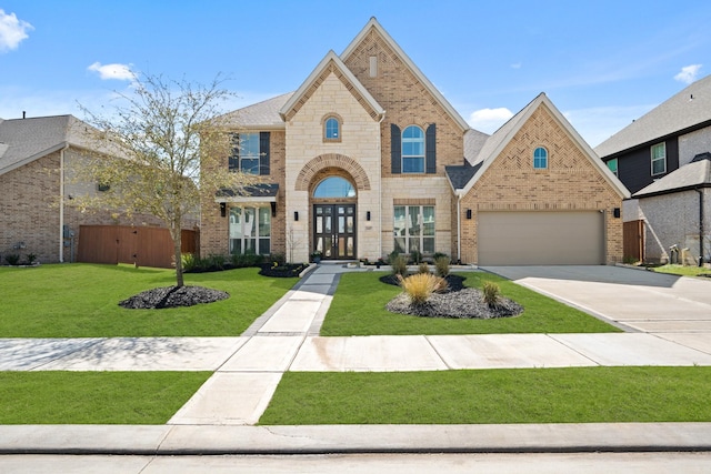 view of front of house with driveway, stone siding, an attached garage, a front yard, and brick siding