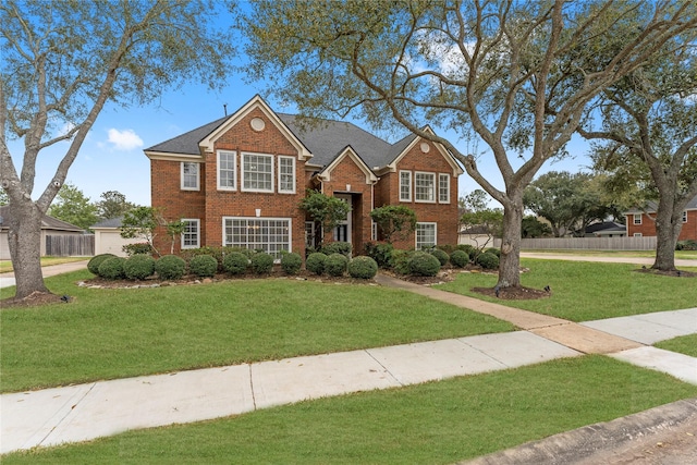 traditional-style home featuring brick siding, a front lawn, and fence