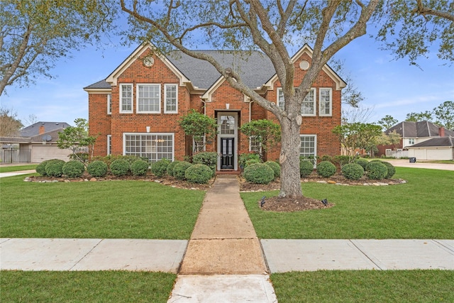 traditional home featuring brick siding and a front lawn