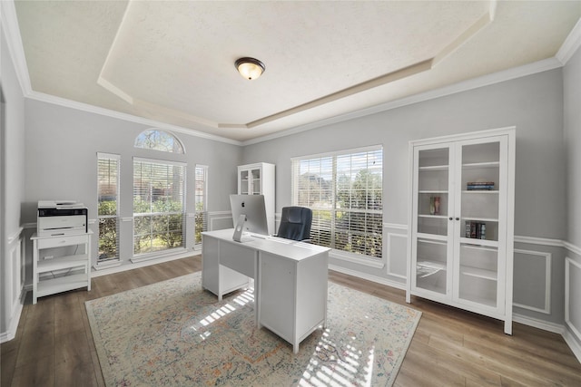 office space with crown molding, a raised ceiling, and wood finished floors