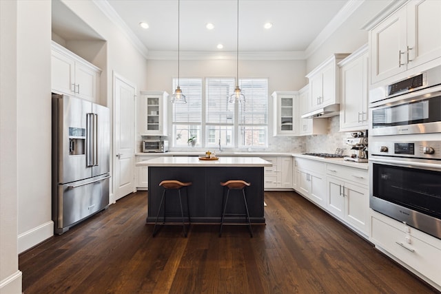 kitchen featuring under cabinet range hood, stainless steel appliances, light countertops, and ornamental molding