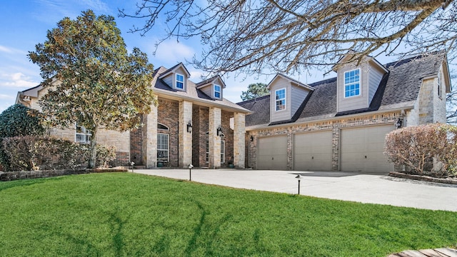 new england style home featuring brick siding, stone siding, driveway, and a front lawn