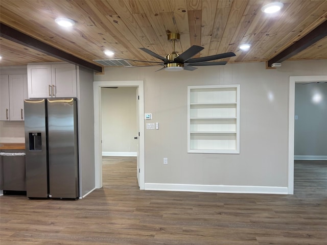 kitchen featuring wood ceiling, ceiling fan, baseboards, and stainless steel appliances