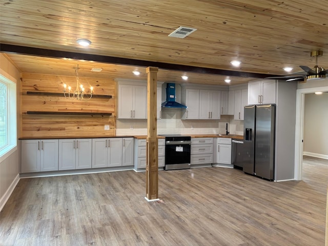 kitchen with open shelves, wall chimney range hood, light wood-type flooring, wood ceiling, and stainless steel appliances