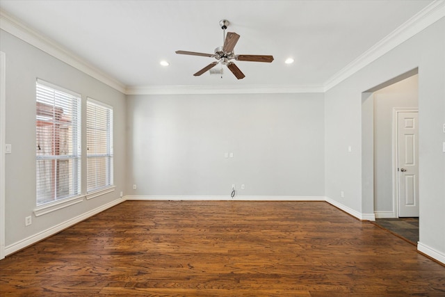 unfurnished room featuring recessed lighting, baseboards, dark wood-type flooring, and crown molding