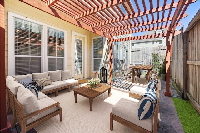 view of patio featuring an outdoor living space, a pergola, and a fenced backyard