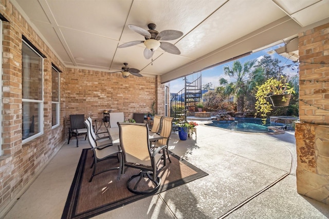 view of patio / terrace featuring a jacuzzi, ceiling fan, stairs, outdoor dining space, and an outdoor pool