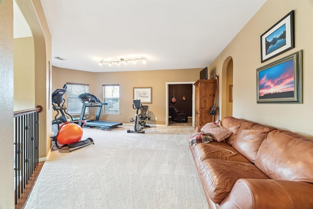 workout area with visible vents, arched walkways, baseboards, and carpet flooring