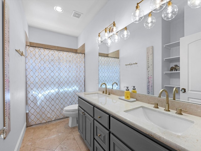 bathroom with tile patterned flooring, toilet, visible vents, and a sink