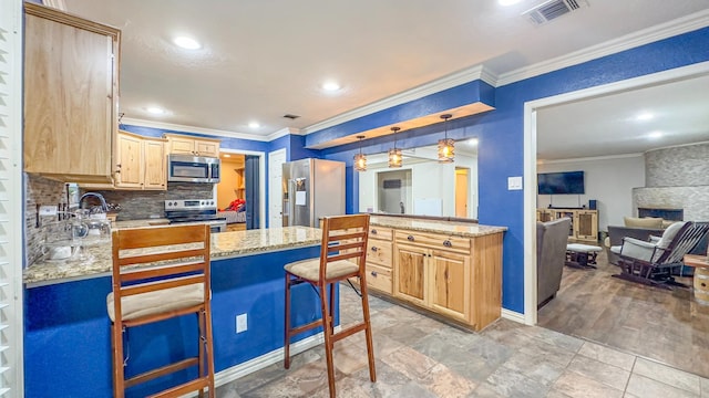 17866 Magnolia Ln, New Caney, TX 77357 - kitchen featuring stainless steel appliances, a peninsula, crown molding, light brown cabinets, and decorative backsplash