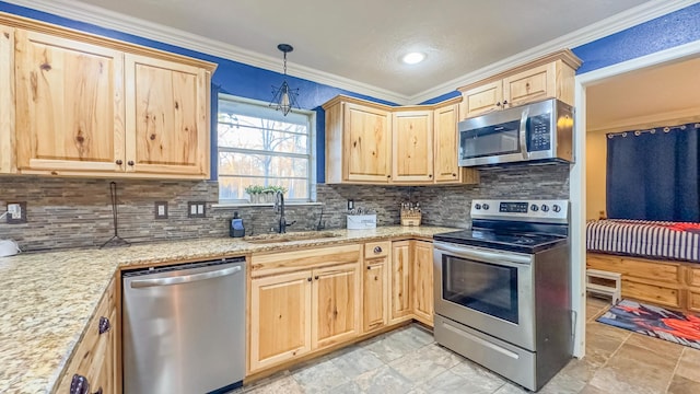 17866 Magnolia Ln, New Caney, TX 77357 - kitchen featuring appliances with stainless steel finishes, light brown cabinetry, a sink, ornamental molding, and tasteful backsplash