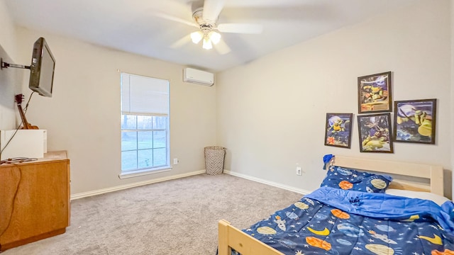 17866 Magnolia Ln, New Caney, TX 77357 - bedroom featuring a wall mounted AC, carpet, baseboards, and ceiling fan